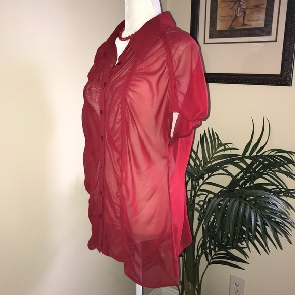 Worthington Sheer Red Gathered Poly Short Cap Sleeve Top 2X Plus Size - Picture 3 of 5
